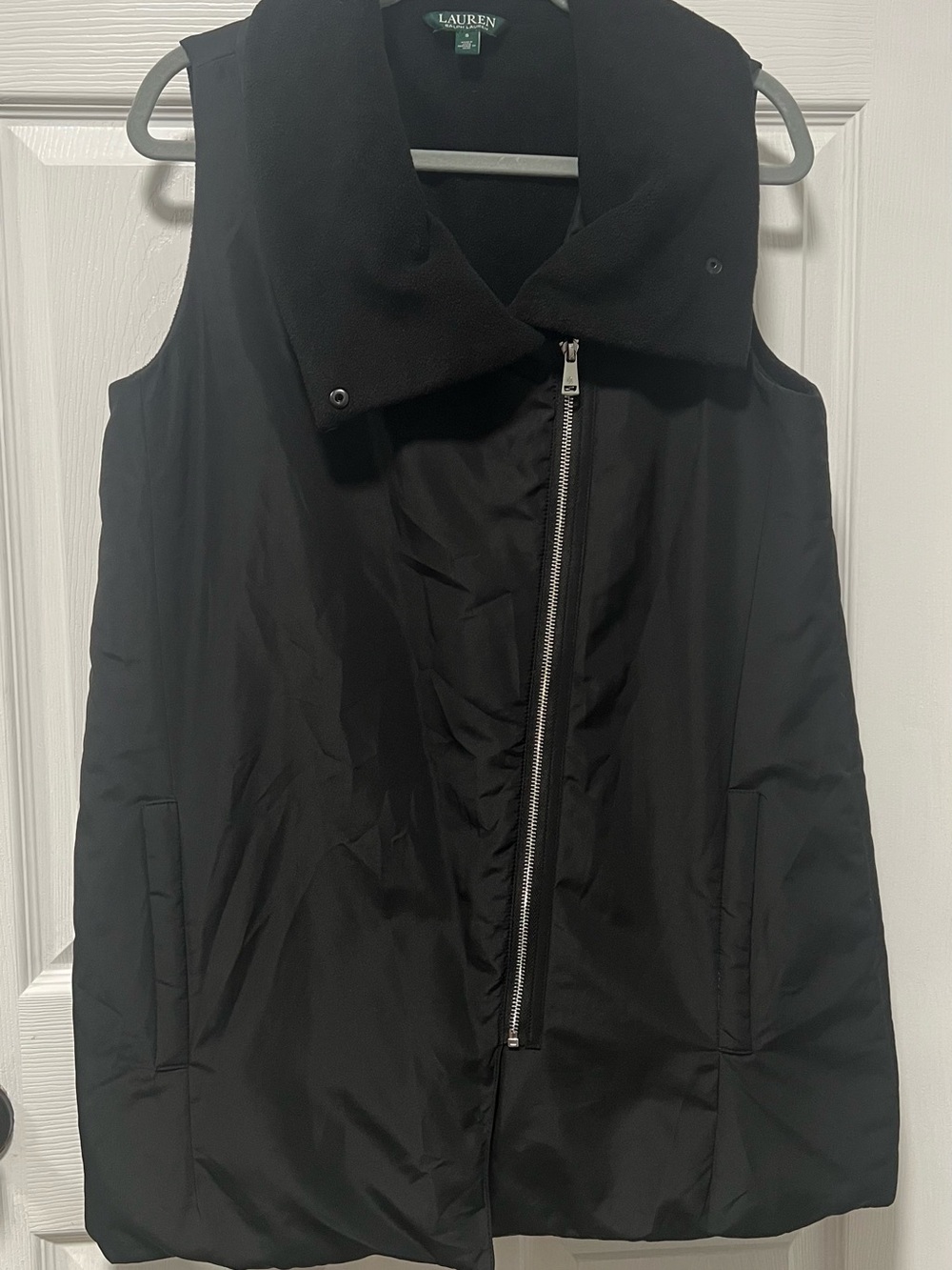 Lauren Ralph Lauren Black Puffer Vest Small Asymmetrical Zip Fleece Collar